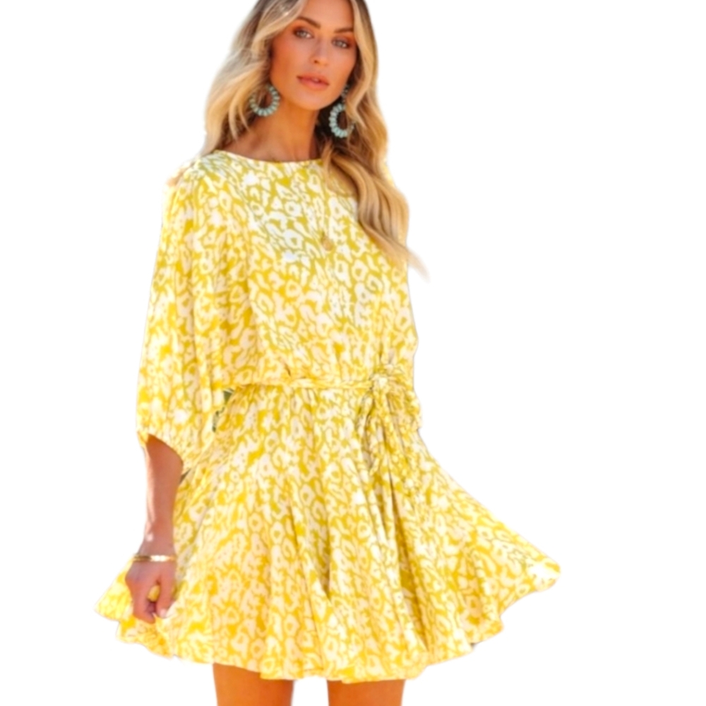 Aakaa Hey Now Leopard Rope Tie Dress Yellow Relaxed Fit Flouncy Hem Size XL